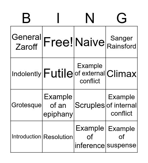 "The Most Dangerous Game" Bingo Card