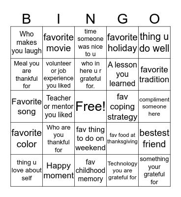 Gratitude Bingo Card