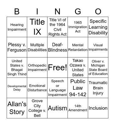 Equality of Educational Opportunity Bingo Card