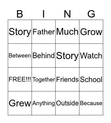 High Frequency Word BINGO Card