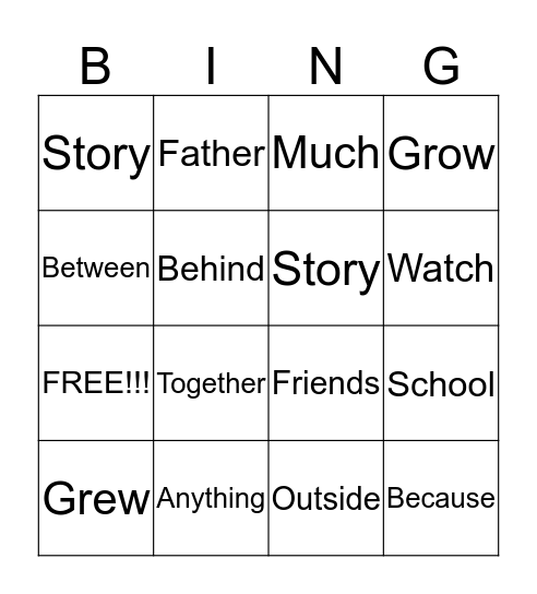High Frequency Word BINGO Card