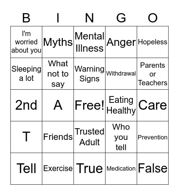 Suicide Prevention Bingo Card