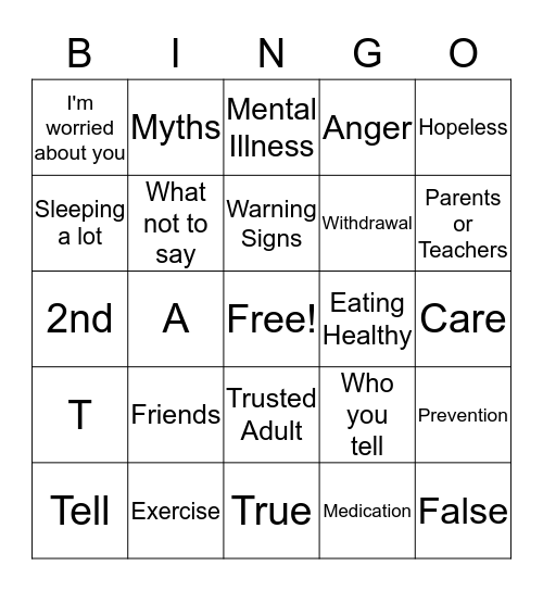 Suicide Prevention Bingo Card