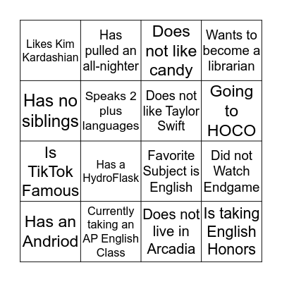 Students Promoting Literacy Bingo Card