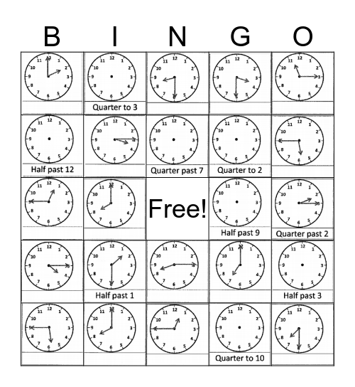 Telling Time Bingo Card