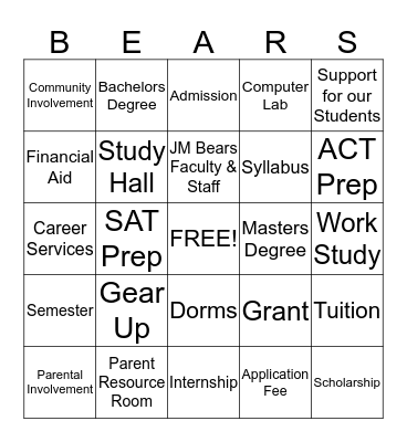 John Marshall Bears "GEAR UP" Bingo Card