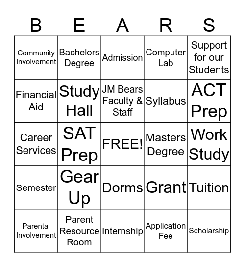 John Marshall Bears "GEAR UP" Bingo Card