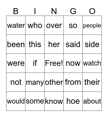 Sight Word Bingo Card