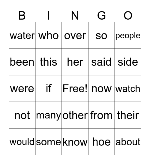 Sight Word Bingo Card