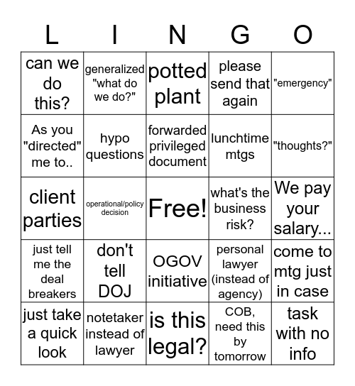 Client Legal Bingo - LINGO Bingo Card