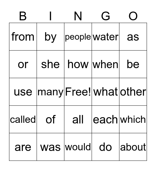 Sight Word Bingo Card