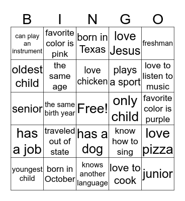 Find A Friend  Bingo Card
