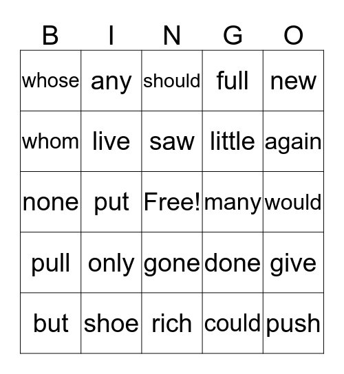 2nd Red Words Bingo Card