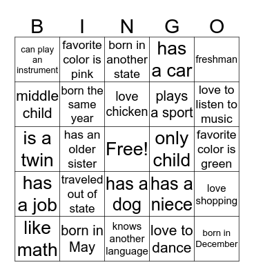 Find A Friend  Bingo Card