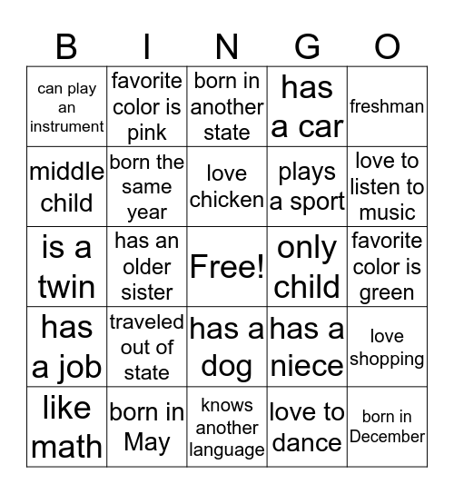 Find A Friend  Bingo Card