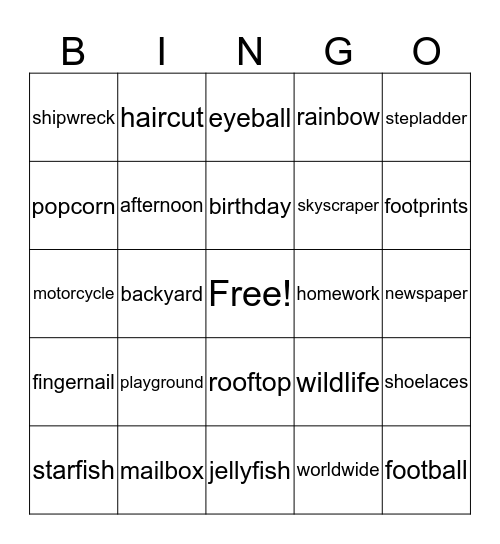 Compound Words Bingo Card