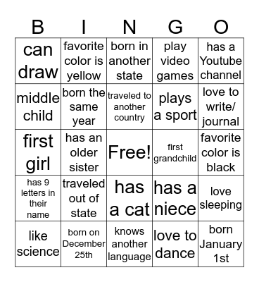 Find A Friend  Bingo Card