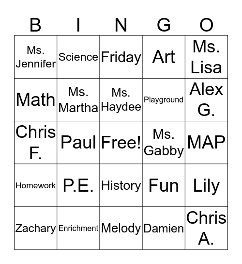 Ms. Gabby's MAP Bingo Card