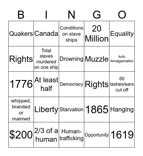 Slavery and DOI Bingo Card