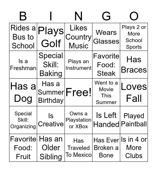 Juniorette Bingo Card