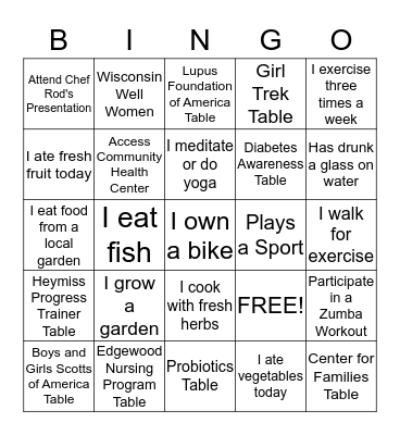 Journey to Wellness Bingo!  Bingo Card