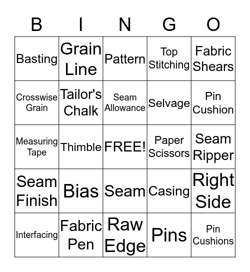 Sewing Tools and Terms Bingo Card