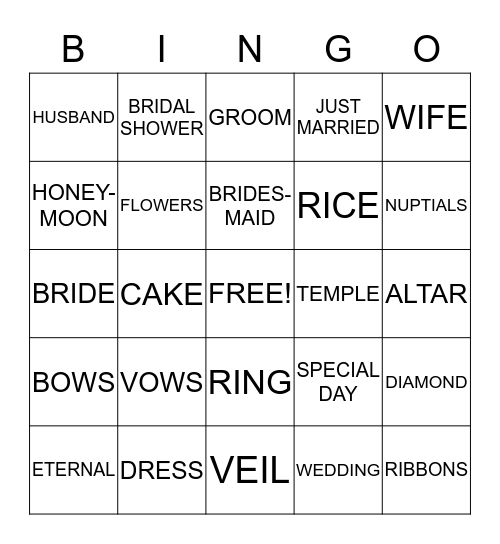 Bride Bingo Card