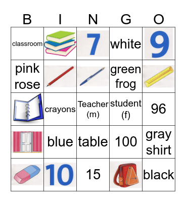 School Objects, Colours and Numbers Bingo Card