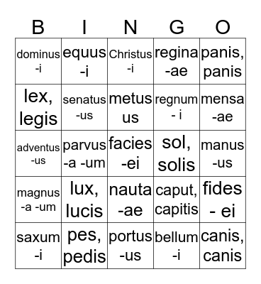 Latin II Vocabulary Review Bingo Card