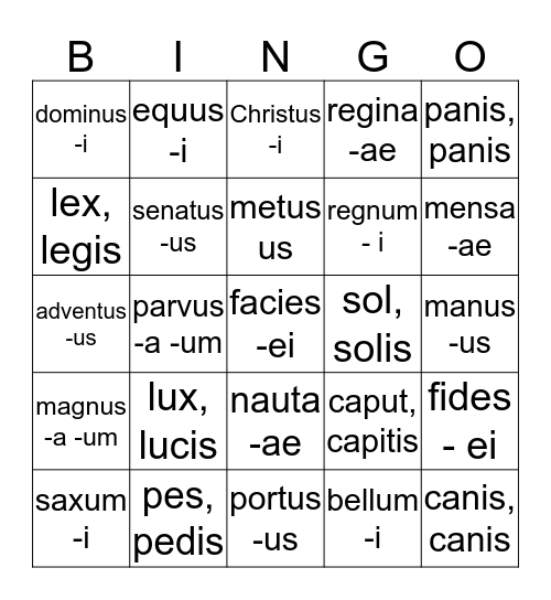 Latin II Vocabulary Review Bingo Card