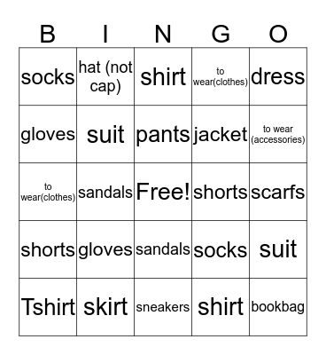 Clothing Bingo Card