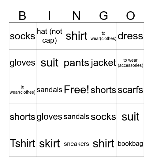 Clothing Bingo Card