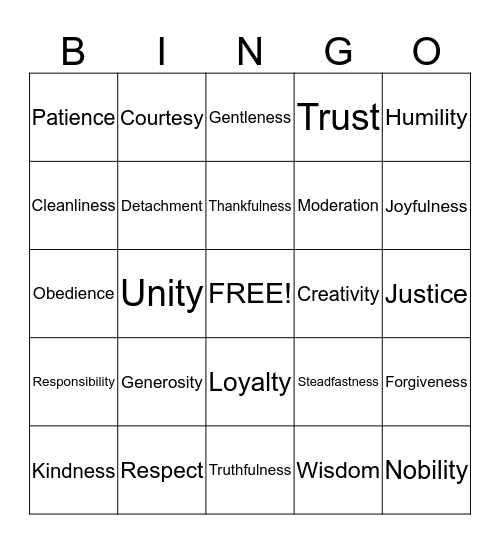 Virtues Bingo Card