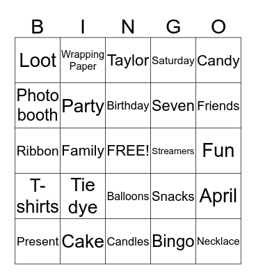 Taylor's 7th Birthday Party Bingo Card