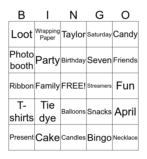 Taylor's 7th Birthday Party Bingo Card