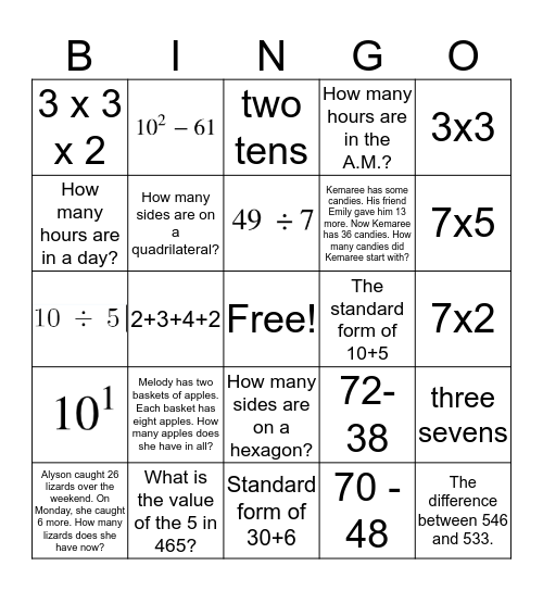 5th Grade World Math Day Bingo Card