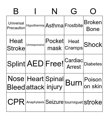 First Aid Bingo Card