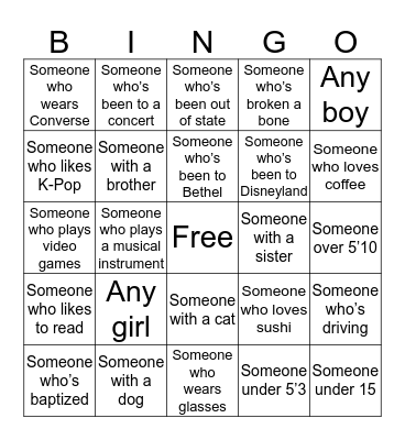 Getting to know you Bingo Card