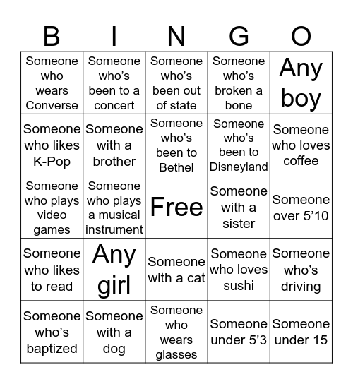 Getting to know you Bingo Card