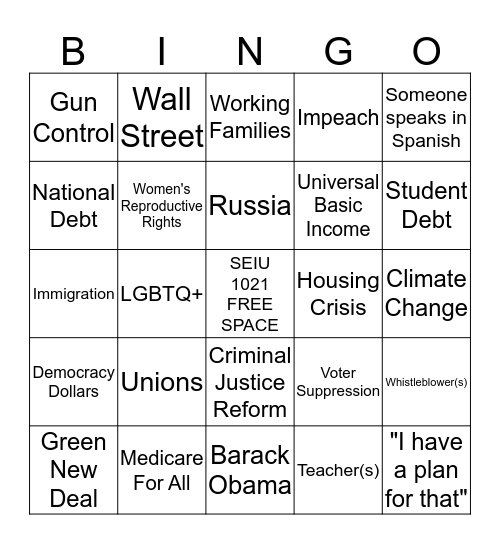 SEIU 1021 Democratic Debate Bingo Card