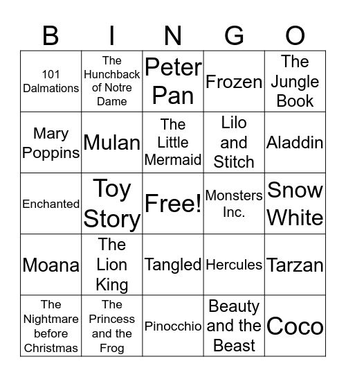 Disney Movies Bingo Card