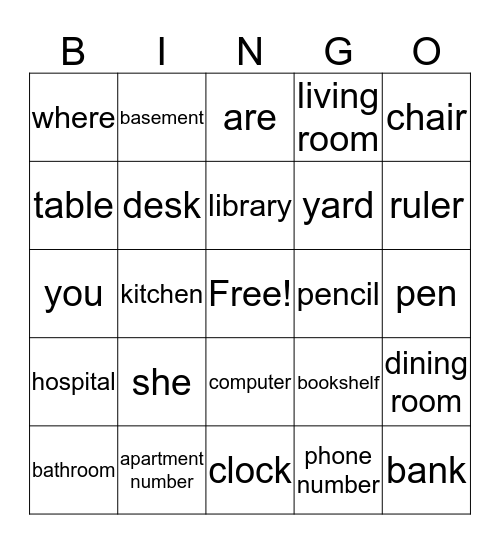 English Bingo Card