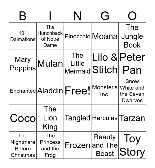 DISNEY MOVIES Bingo Card