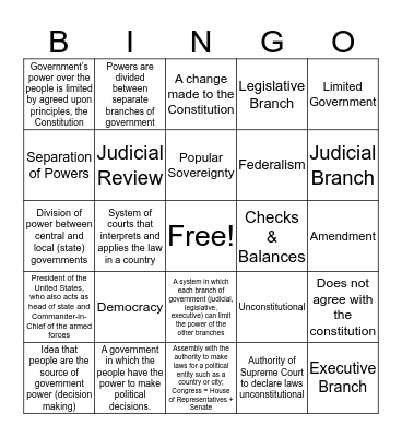 Basic Principles of the Constitution Vocabulary Bingo Card