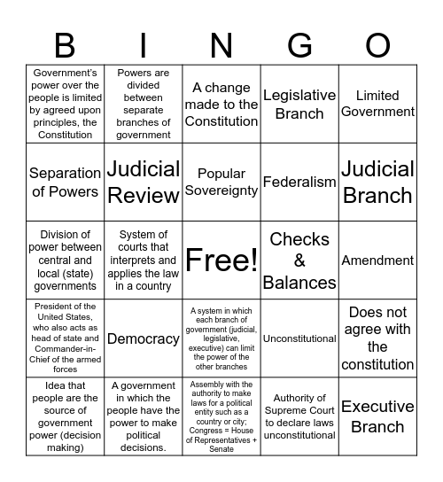 Basic Principles of the Constitution Vocabulary Bingo Card