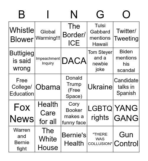 DemocratiC Debate Bingo Card