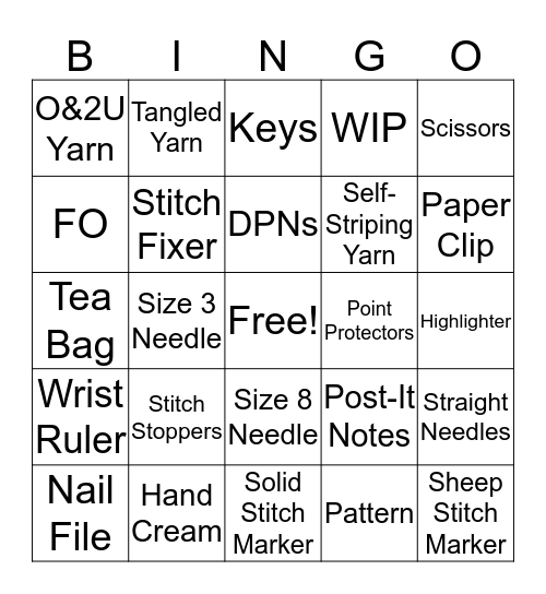 Project Bag Bingo Card