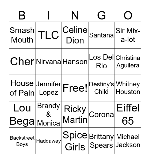 Hits of the 90's Bingo Card