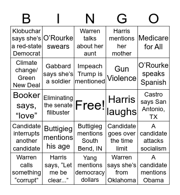 October Democratic Debate Bingo Card