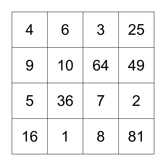 Square Root Bingo Card